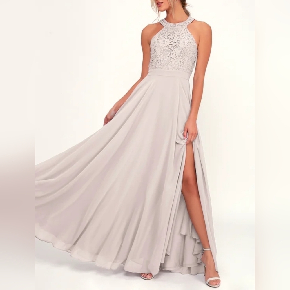 Lulus Picture Perfect Light Grey Lace Maxi Dress Women's XS